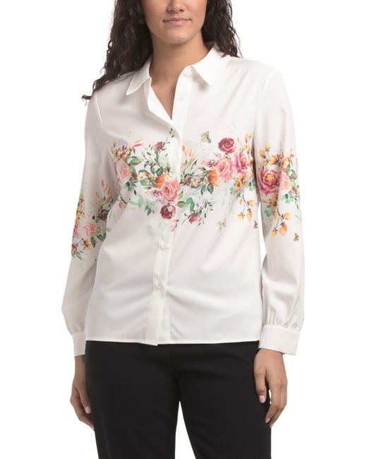 Tj Maxx White Floral Button Front Blouse For Polyester