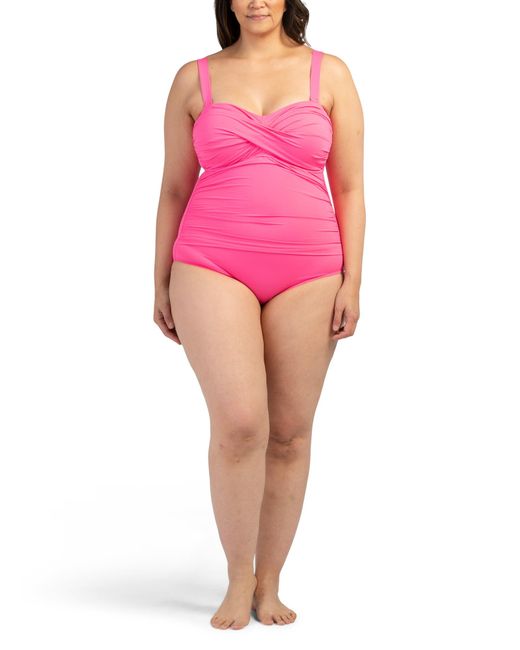Tj Maxx Pink Twist Front Shirred Bandeau One-Piece Swimsuit For Nylon/Spandex