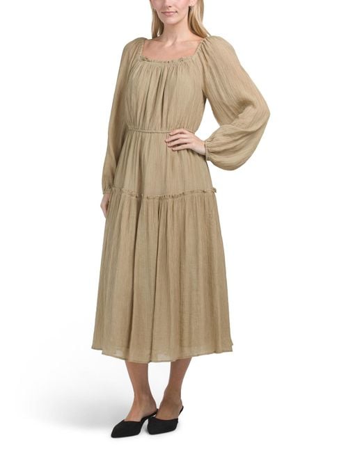 Tj Maxx Natural Square Neck Crinkle Midi Dress With Balloon Sleeves For Nylon/Polyester/Rayon