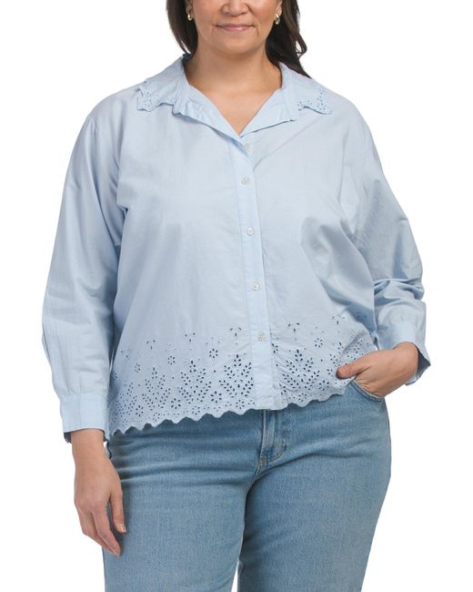 Tj Maxx Blue Plus Embroidered Poplin Blouse For Cotton/Polyester