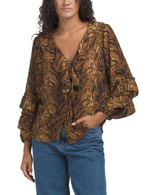 Tj Maxx Brown Animal Tie Front Blouse For Polyester