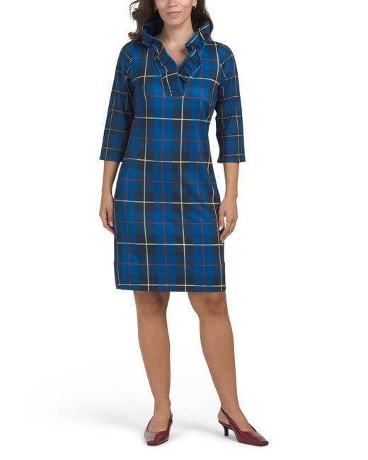 Tj Maxx Blue Three-Quarter Sleeve Plaid Mini Dress For Spandex/Polyester