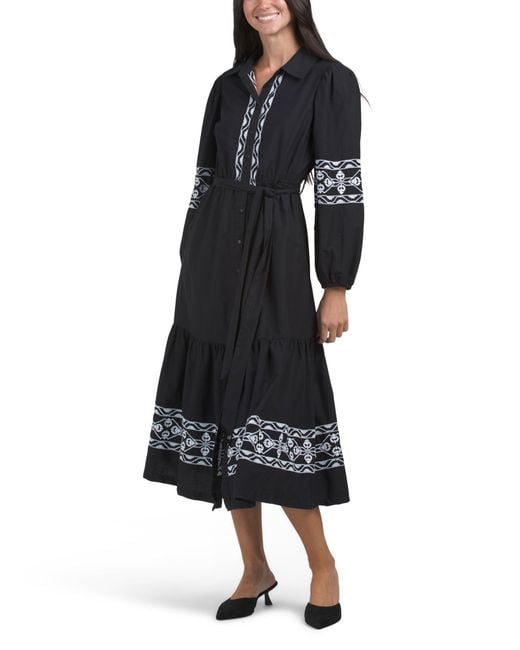 Tj Maxx Black Long Sleeve Embroidered Maxi Shirt Dress For Cotton