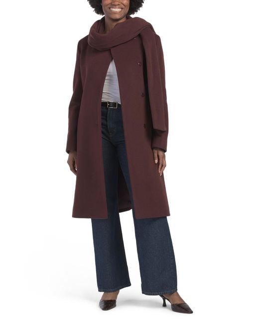 Tj Maxx Red Italian Wool Blend Quarter Coat With Removable Scarf, Wool/Viscose/Cashmere