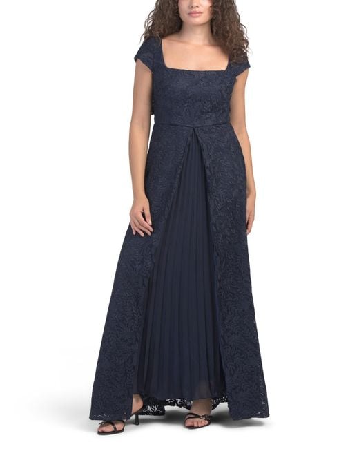 Tj Maxx Blue Short Sleeve Lace Walk Through Pleated Gown For Polyester