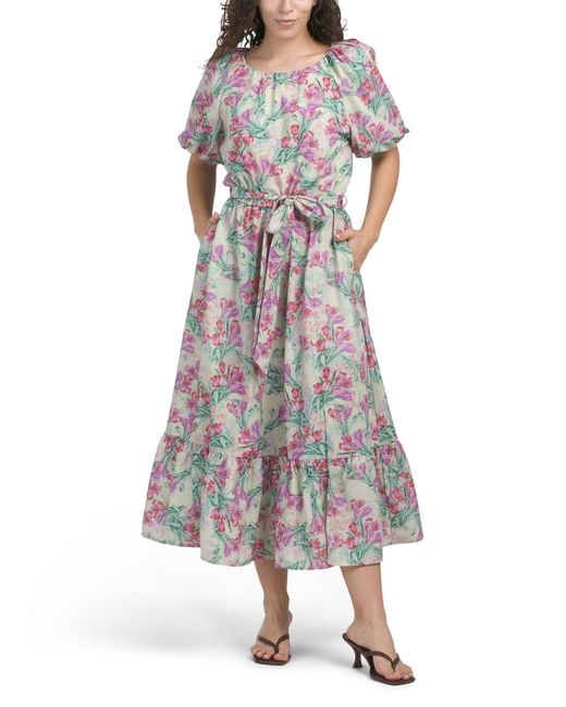 Tj Maxx White Puff Sleeve Printed Woven Maxi Dress For Polyester
