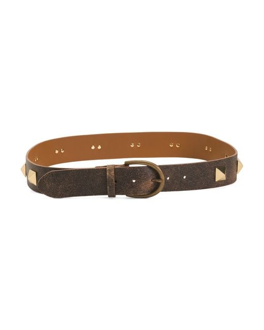 Tj Maxx Brown Leather Square Studs Belt With Brass Buckle, Leather