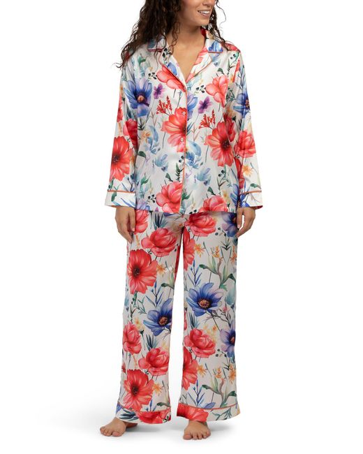 Tj Maxx Red 2Pc Satin Floral Long Sleeve Pajama Set For Spandex/Polyester