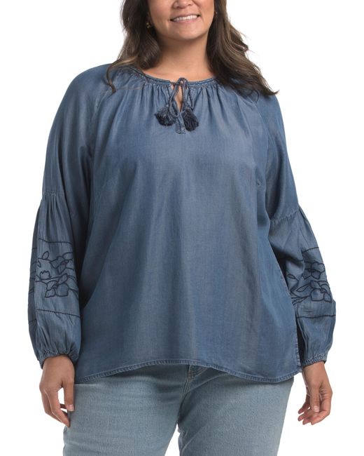 Tj Maxx Blue Plus Balloon Sleeve Embroidered Top For