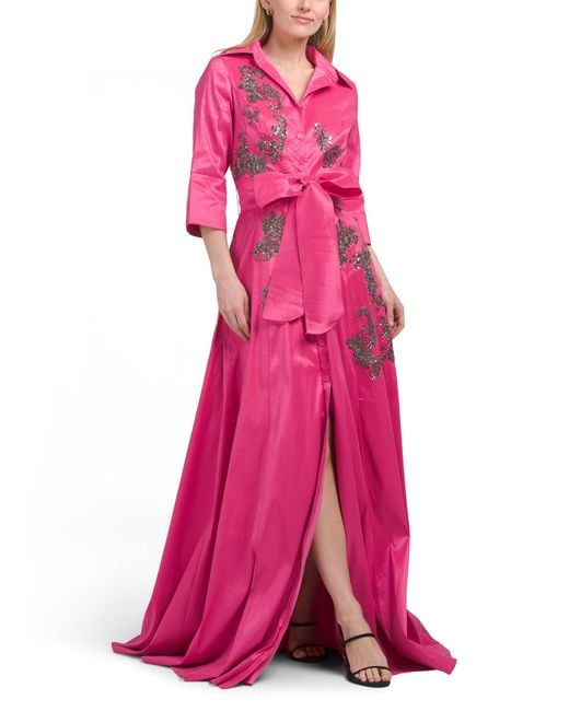 Tj Maxx Pink Three-Quarter Sleeve Taffeta Shirt Gown With Beaded Detail For Polyester