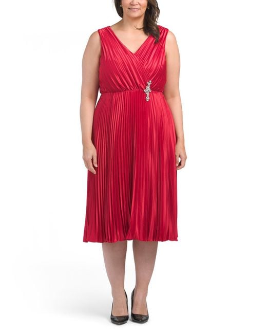 Tj Maxx Red Charmeuse V Neck Sleeveless Pleated A Line Dress For Spandex/Polyester