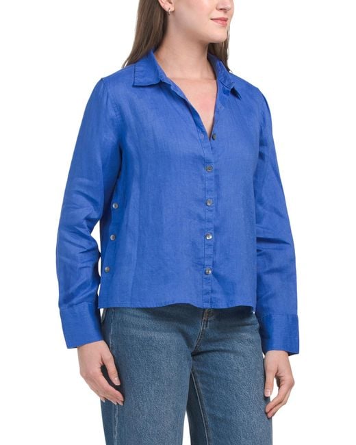 Tj Maxx Blue Linen Long Sleeve Collared Button Down For