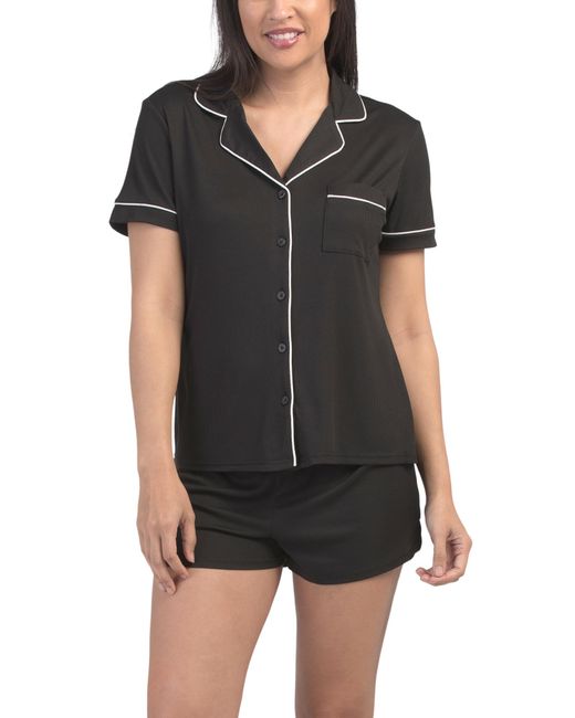 Tj Maxx Black 2Pc Ribbed Short Sleeve Notch Collar Top And Shorts Pajama Set For Spandex/Polyester