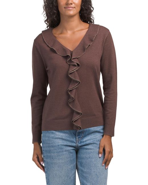 Tj Maxx Multicolor Ruffle V-Neck Pull Over Sweater, Nylon/Polyester/Rayon