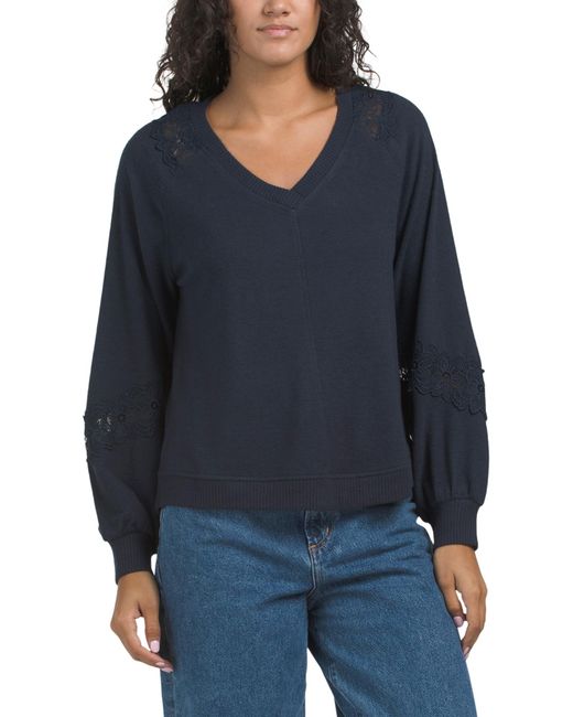 Tj Maxx Blue Long Sleeve V-Neck Top With Lace Inset For Spandex/Polyester/Rayon