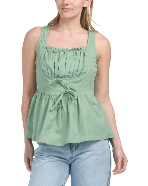 Tj Maxx Green Tie Front Shirred Top With Peplum Hem For Cotton