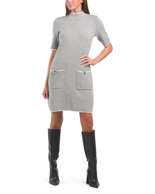 Tj Maxx White Mock Neck Tipped Mini Dress With Patch Pockets For Nylon/Polyester/Rayon