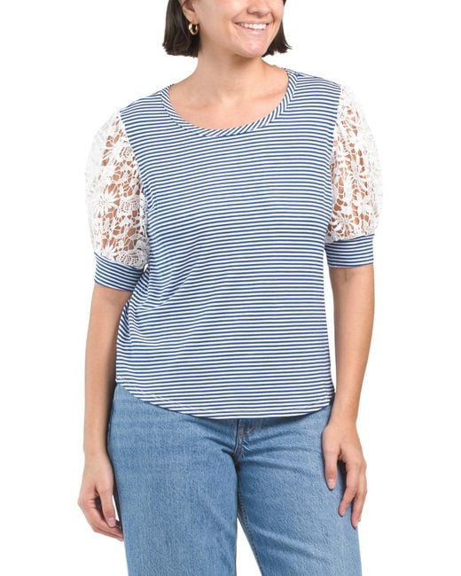 Tj Maxx Blue Striped Mixed Media Scoop Neck Lace Puff Sleeve Top For Spandex/Rayon