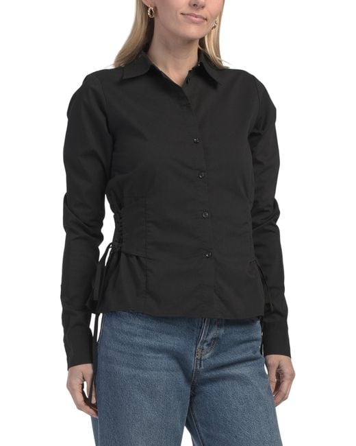 Tj Maxx Black Button Front Shirt With Lace Up Sides For Spandex/Cotton/Polyester