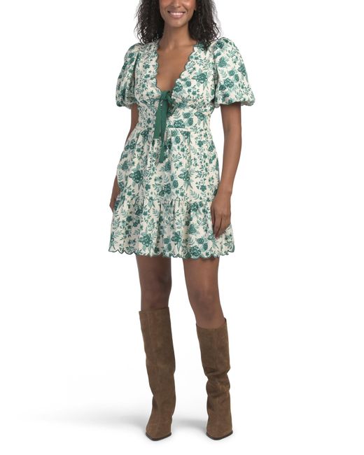 Tj Maxx Green Linen Blend Mini Dress With Scalloped Details For Linen/Rayon
