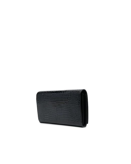 Saint Laurent Black Cassandre Croc Embossed Leather Chain Wallet