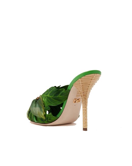 Keira Jungle Leaf Satin MULES di Dolce & Gabbana in Green