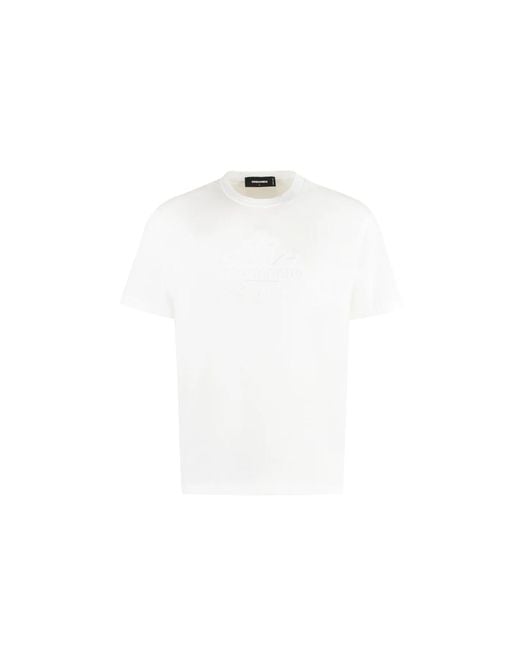 DSquared² White Cotton T-Shirt With Ribbed Trim And Signature Logo