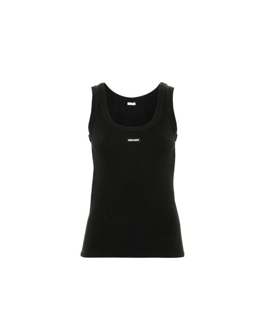 Miu Miu Ribbed Tank Top in Black | Lyst