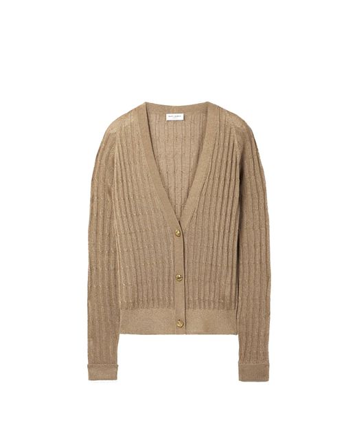 Saint Laurent Metallic Cable-knit Cardigan in Natural | Lyst