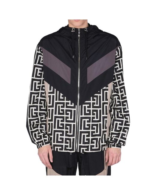 Balmain Black Monogrammed Nylon Windbreaker Jacket With Drawstri