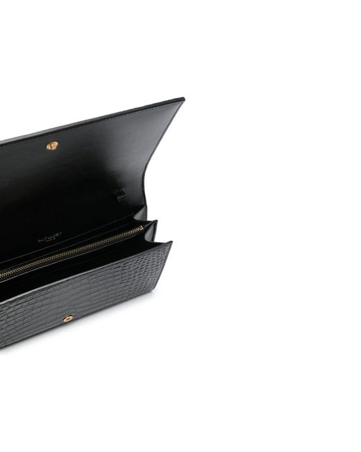 Saint Laurent Black Cassandre Croc Embossed Leather Chain Wallet