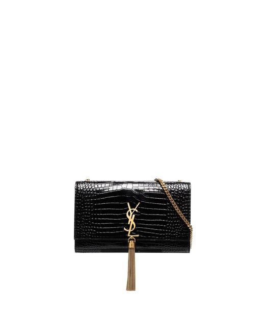 Saint Laurent Black Kate Medium Tassel Crocodile Embossed Leather Bag