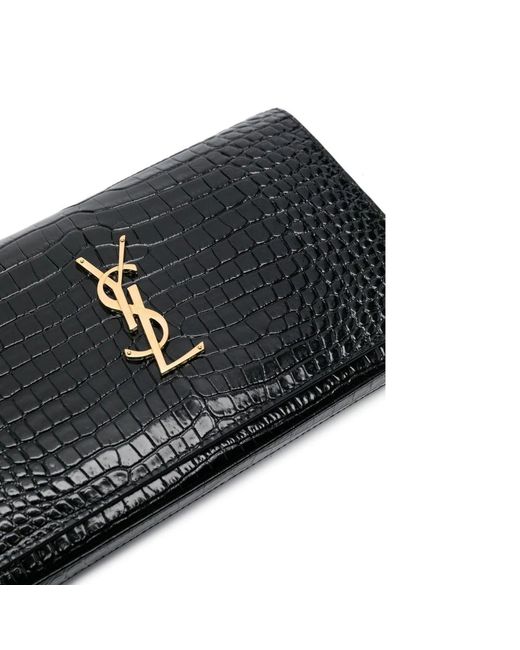 Saint Laurent Black Cassandre Croc Embossed Leather Chain Wallet