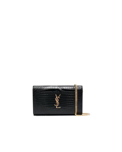 Saint Laurent Black Cassandre Croc Embossed Leather Chain Wallet