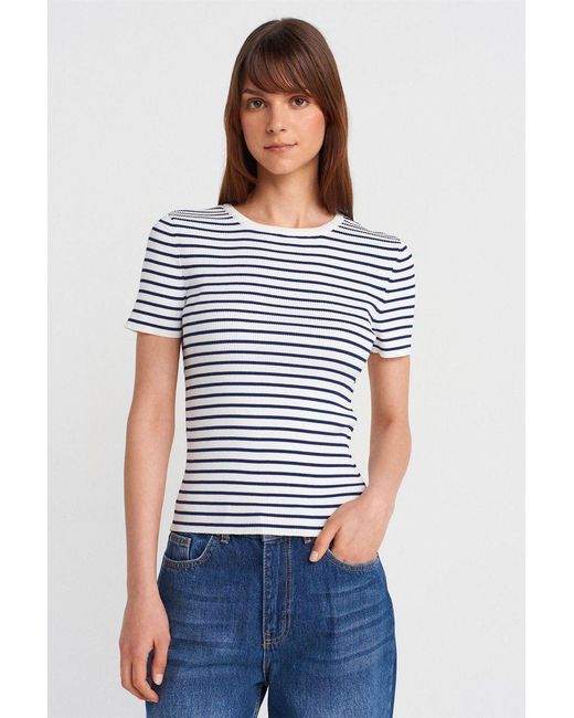 Dilvin Gestreepte Geribbelde Brei Blouse in het White