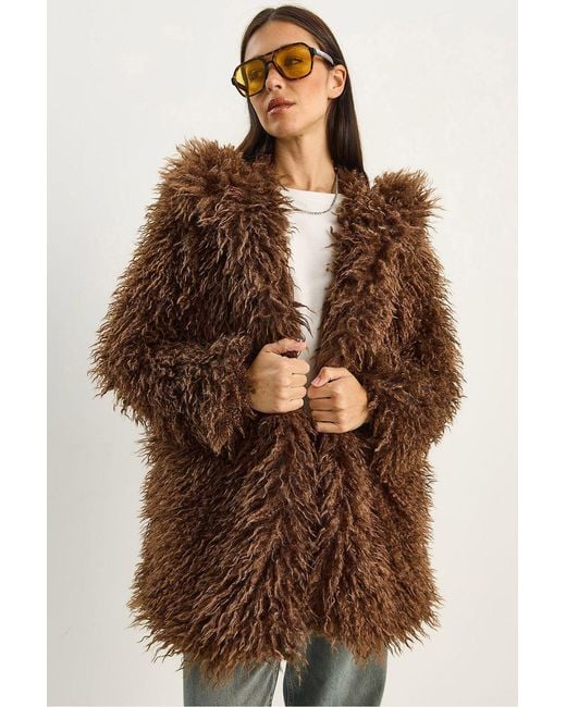 Bianco Lucci Brown Oversize Hooded Faux Fur Jacket