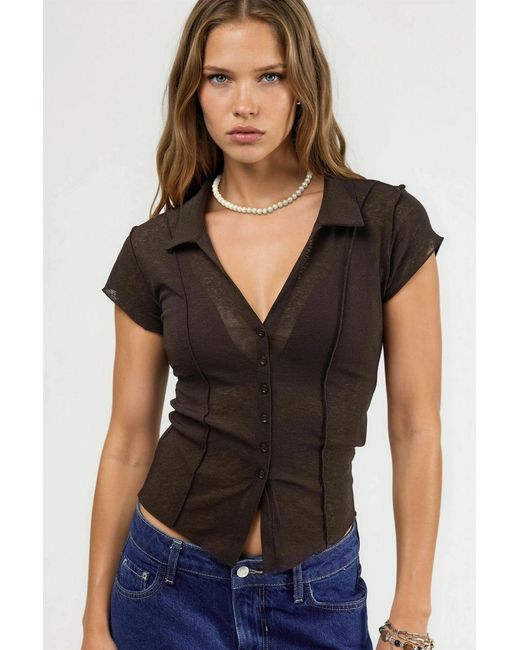 Busem Black Textured Knitted Short Sleeve Shirt With Buttons