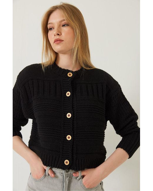 Bianco Lucci Black Buttoned Cardigan With Crew Neck