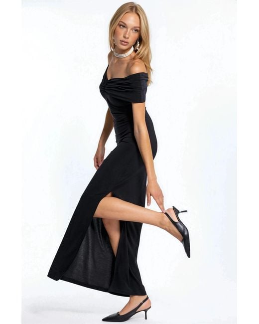 Hiccup Black Off Shoulder Slit Detailed Sandy Maxi Dress