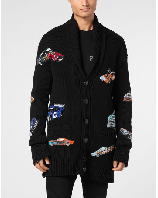 Philipp Plein Truien & Vesten ,Zwart ,Katoen Knitted Cardigan Ls Cars Racing in het Black voor heren