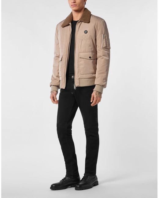 Philipp Plein Jassen ,Nylon Nylon Aviator Jacket Met Shearling Kraag in het Natural voor heren