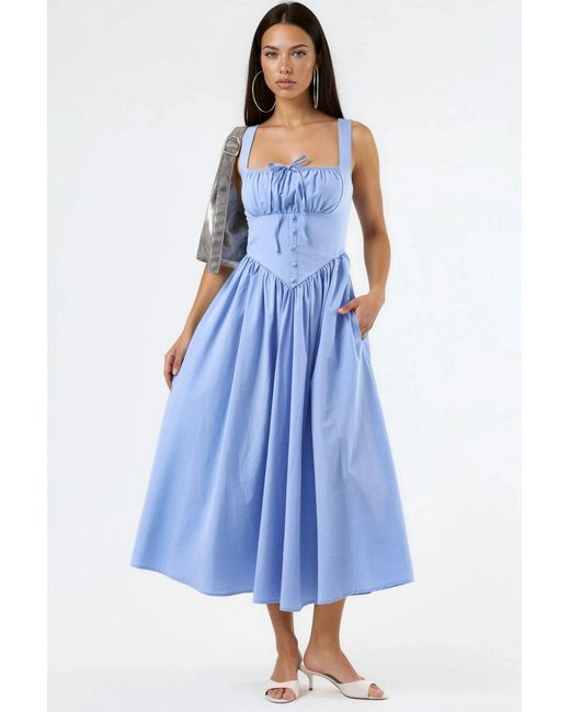 Busem Blue Midi Dress With Square Collar And Button Detail