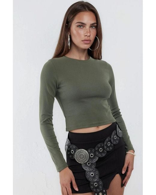 Busem Green Slim Fit Long Sleeved Crop Top With Crew Neck
