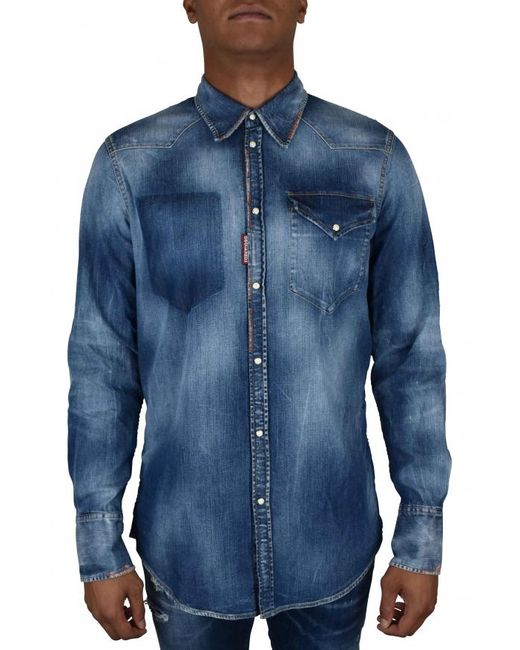 DSquared² Washed Denim Western Shirt in Blue für Herren