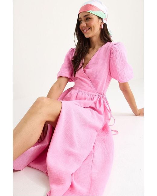 Bianco Lucci Pink Textured V-Neck Midi Dress With Wrap Closure