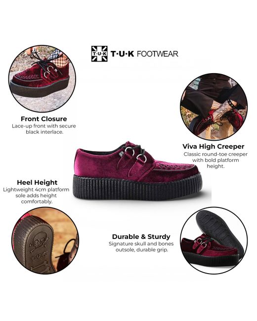 T.U.K. Red Viva High Creeper Velvet Platform Lace-Up Goth