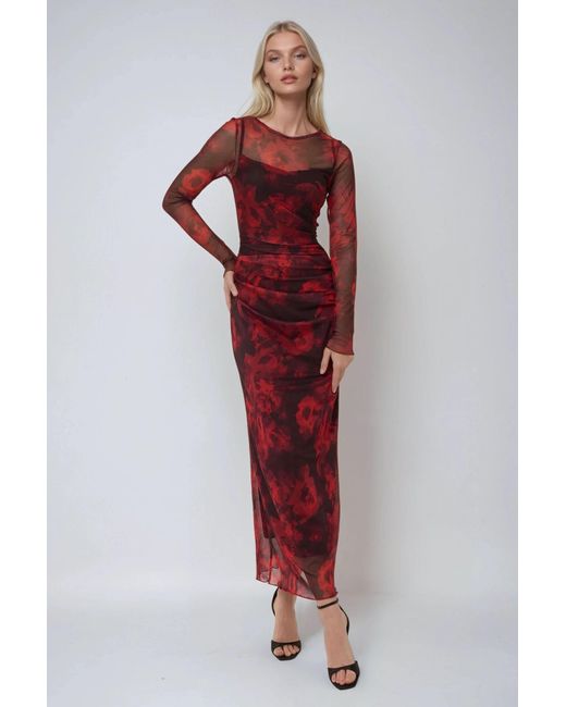 Hiccup Red Floral Print Bodycon Maxi Mesh Dress