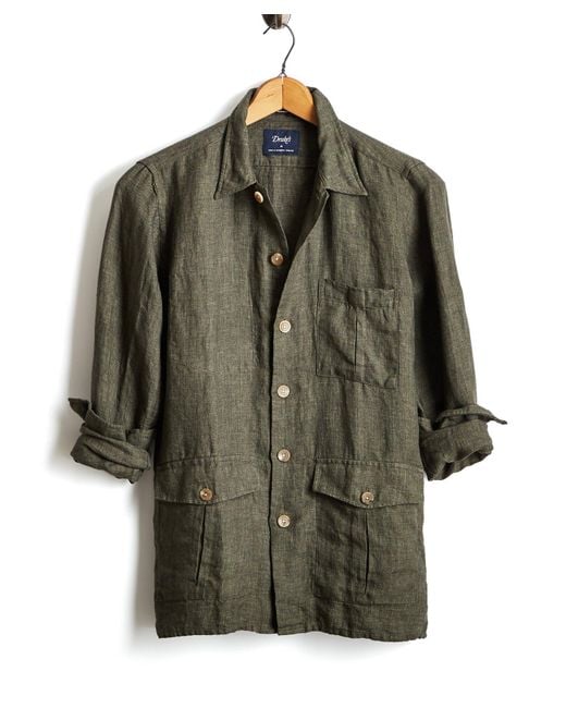 Drake's Green Linen Shirt Jacket In Olive for men