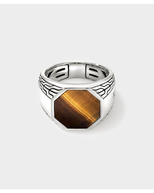 John Hardy White Sterling Silver Octagon Signet Ring With Tiger Eye for men