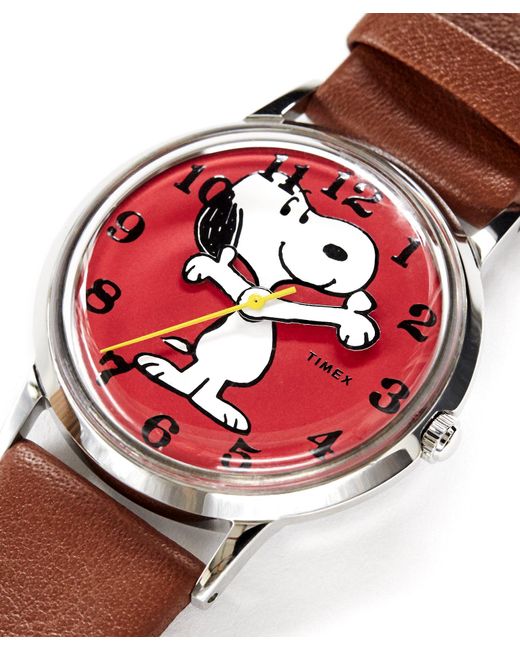 Timex Leather Timex X Peanuts Snoopy Watch 34mm in Red for Men - Lyst